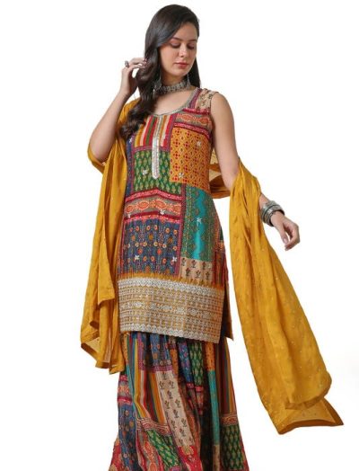 Mustard Tile Print Suit Set with Dupatta