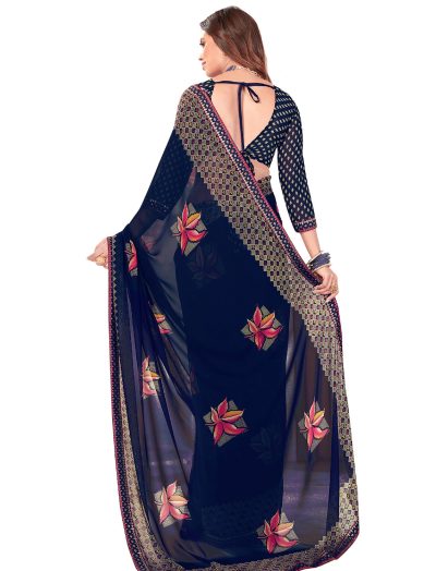Women's leaf print navy blue colored saree with blouse